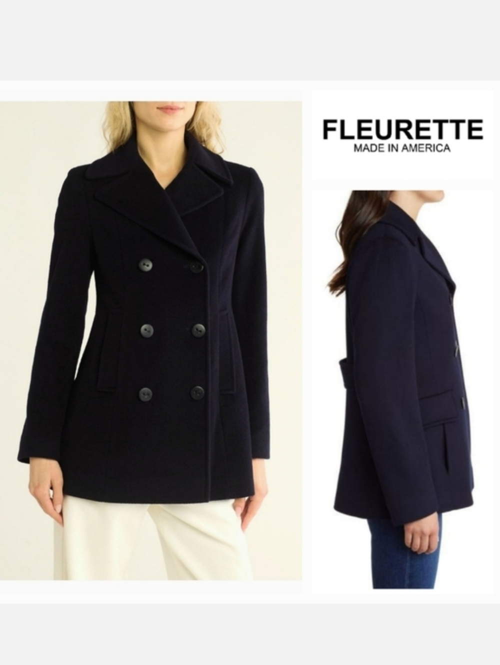 FLEURETTE Double Breasted Wool Peacoat Black 100% Loro Piana Sz 16